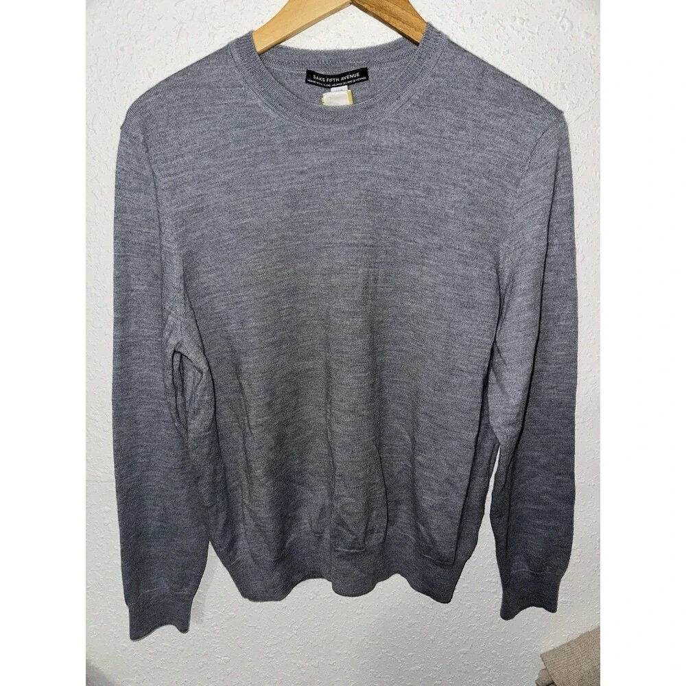Saks Fifth Avenue Wool Sweater Men Lrg Wolfe Gray Pullover Knit Casual Preppy